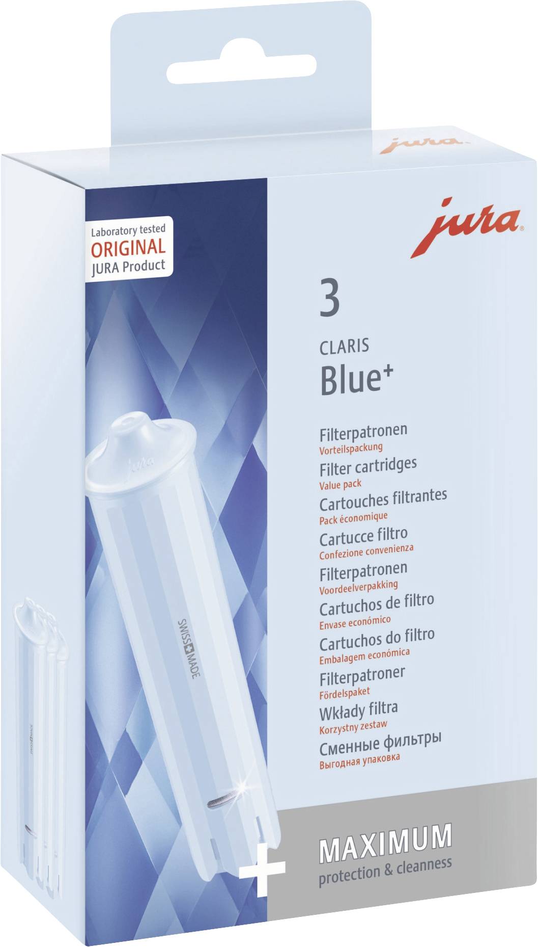 Emballage de cartouches filtrantes Jura CLARIS Blue+ avec trois filtres. Promet une protection maximale et une propreté optimale pour les machines à café.