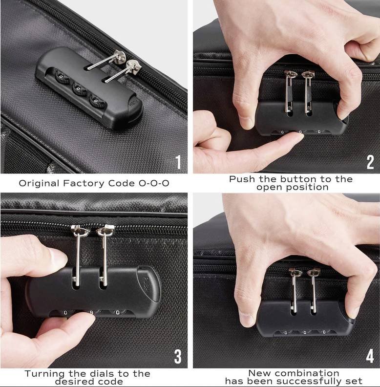 Étapes pour modifier le code de la valise : 1) Régler le code standard, 2) Appuyer sur le bouton, 3) Tourner vers le code souhaité, 4) Nouveau code enregistré.