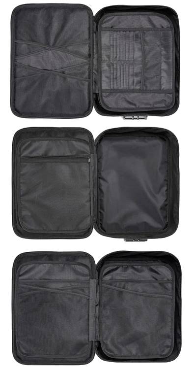 Trois sacs noirs et vides avec des fermetures à glissière ouvertes, offrant divers compartiments et des insertions en filet pour l'organisation.