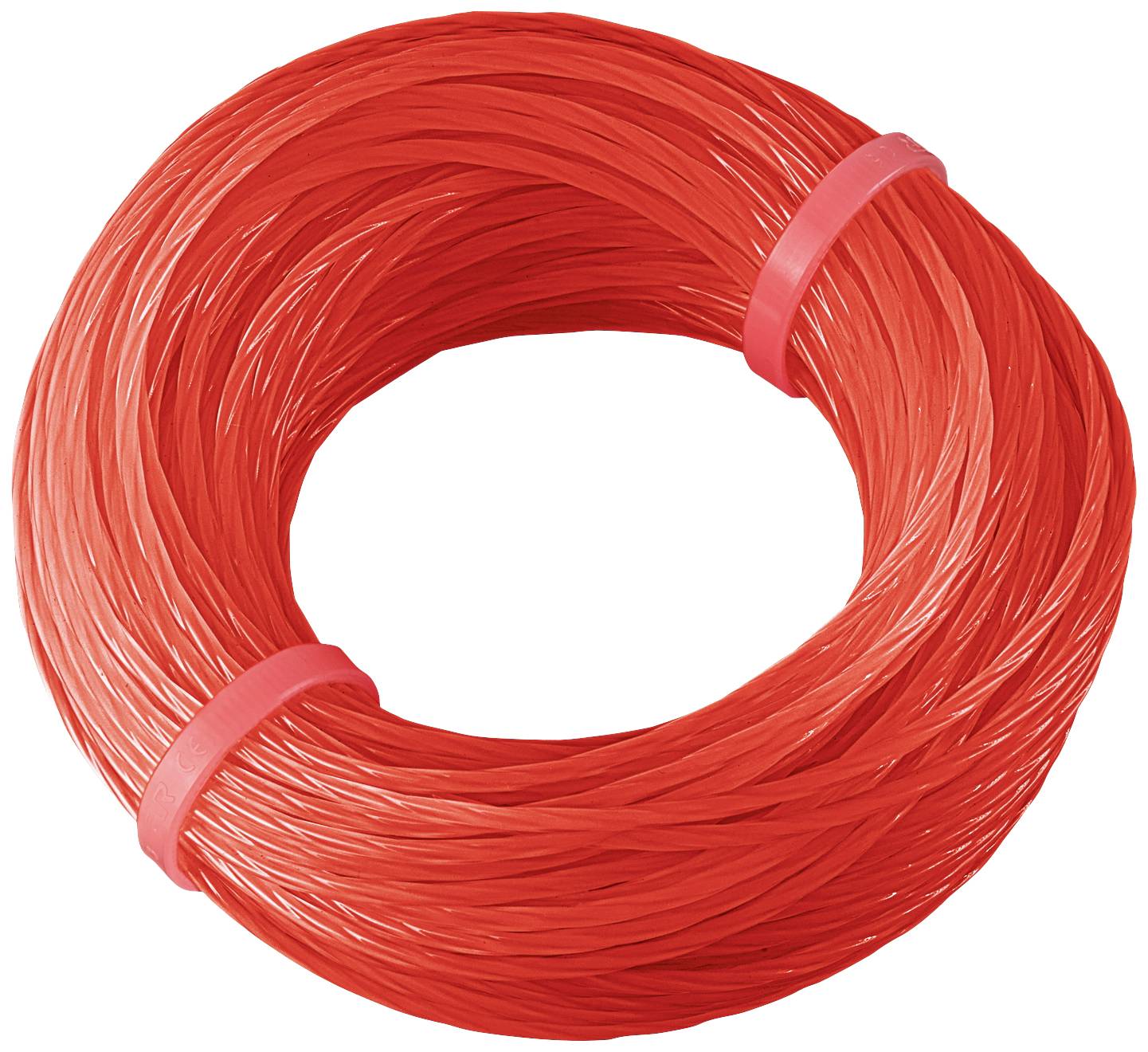 Un fil de plastique rouge, enroulé en une bobine circulaire, maintenu par deux rubans roses.