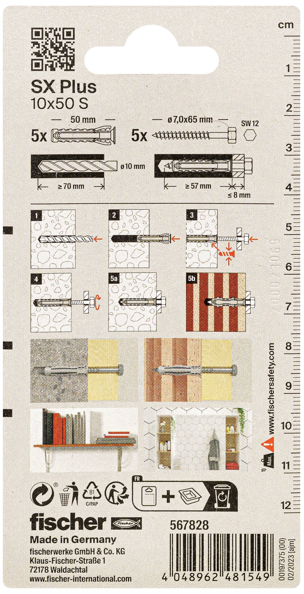 Dos de l'emballage avec conseils d'installation pour les chevilles SX Plus 10x50 S. Illustrations et dimensions présentant un guide d'installation étape par étape.
