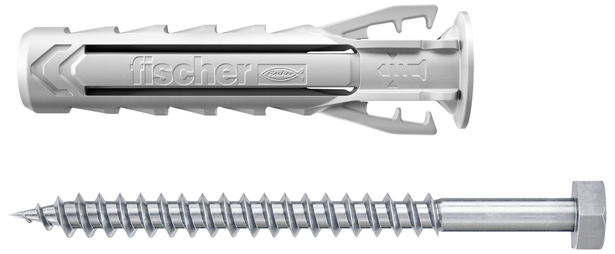Un chevillet gris et une vis argentée sont posés côte à côte. Le chevillet possède des ailes de stabilisation, tandis que la vis a une tête hexagonale.