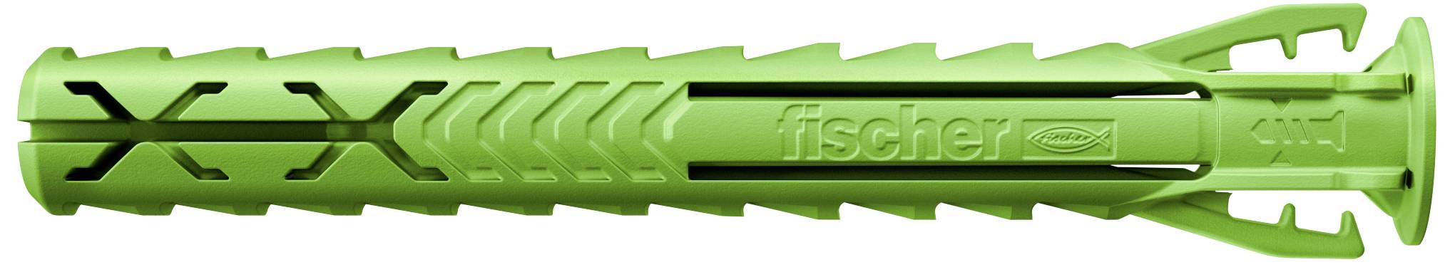Cheville verte en plastique avec design strié et nom de marque 'fischer' sur la surface. Adaptée pour la fixation dans les murs.