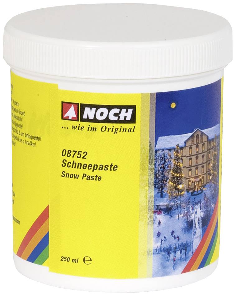 Un récipient blanc avec une étiquette jaune de la marque 'NOCH'. Inscription 'Pâte à neige 250 ml'. L'image du produit montre un paysage enneigé.