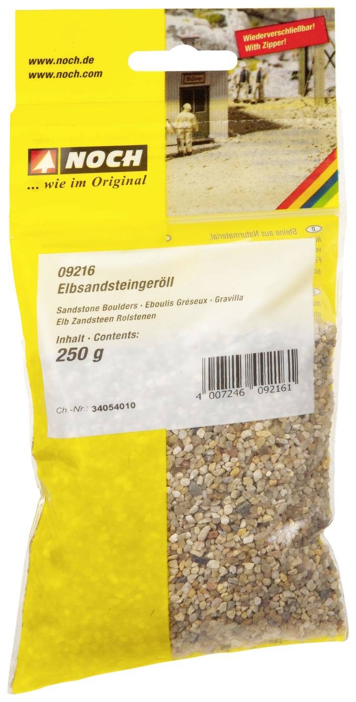 Sachet de 250 g de galets de grès de l'Elbe par NOCH, contenant des pierres de grès pour la modélisation. Emballage jaune avec image et informations sur le contenu.