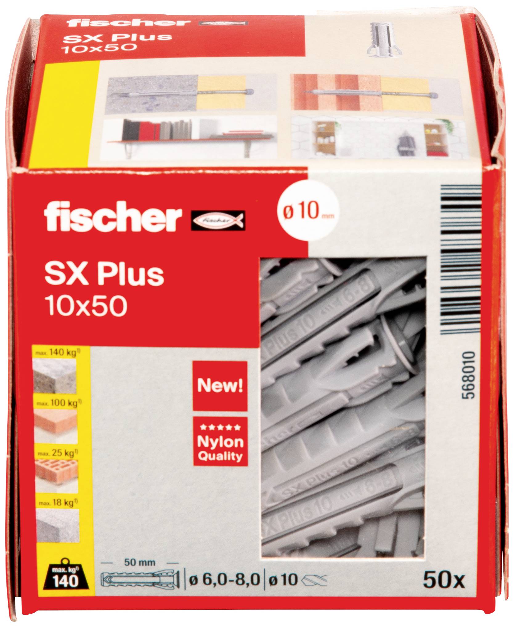 Un paquet de chevilles Fischer SX Plus, taille 10x50 mm, avec des informations sur la capacité de charge et le nombre de pièces contenues (50 pièces).