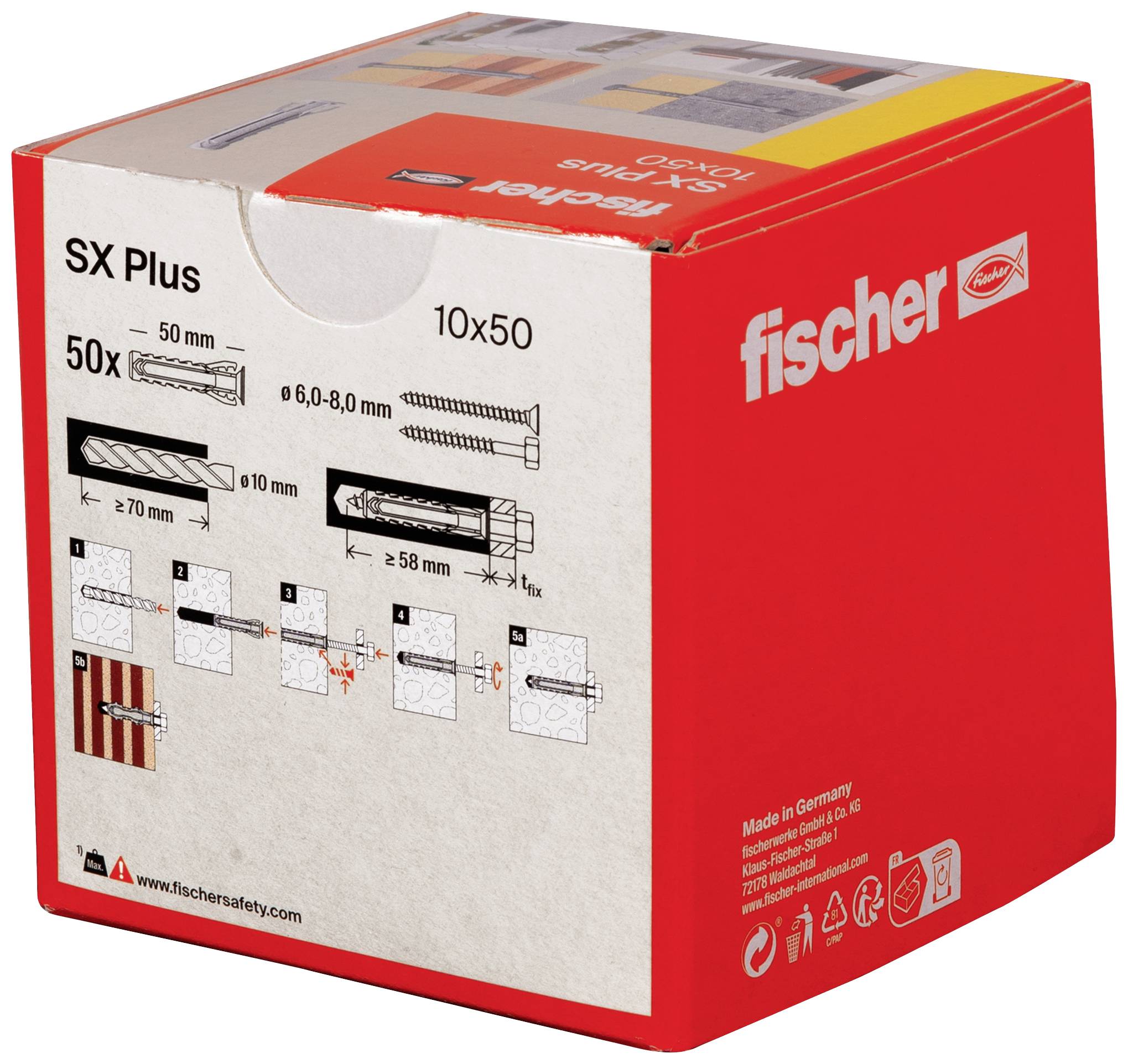 Emballage rouge de la marque Fischer, modèle SX Plus, contenant 50 chevilles. Comprend des instructions de montage et des dimensions sur l'emballage.