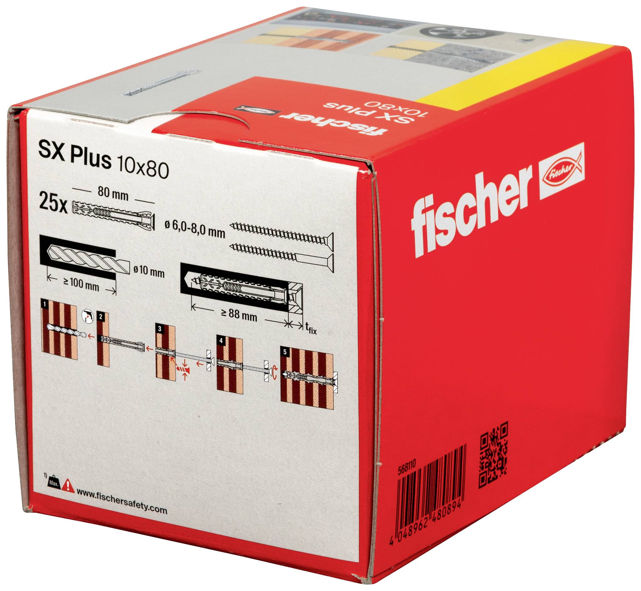 Emballage de chevilles Fischer SX Plus 10x80 présentant la notice de montage et les dimensions des chevilles, ainsi que les matériaux pour lesquels elles sont adaptées.