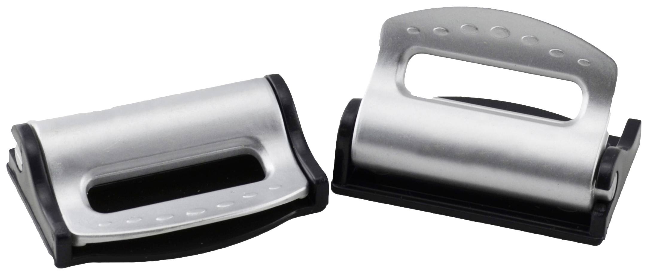 Deux ouvre-lettres en argent avec des poignées noires sont posés côte à côte. Ils ont une forme élégante et sont utilisés pour ouvrir des enveloppes.