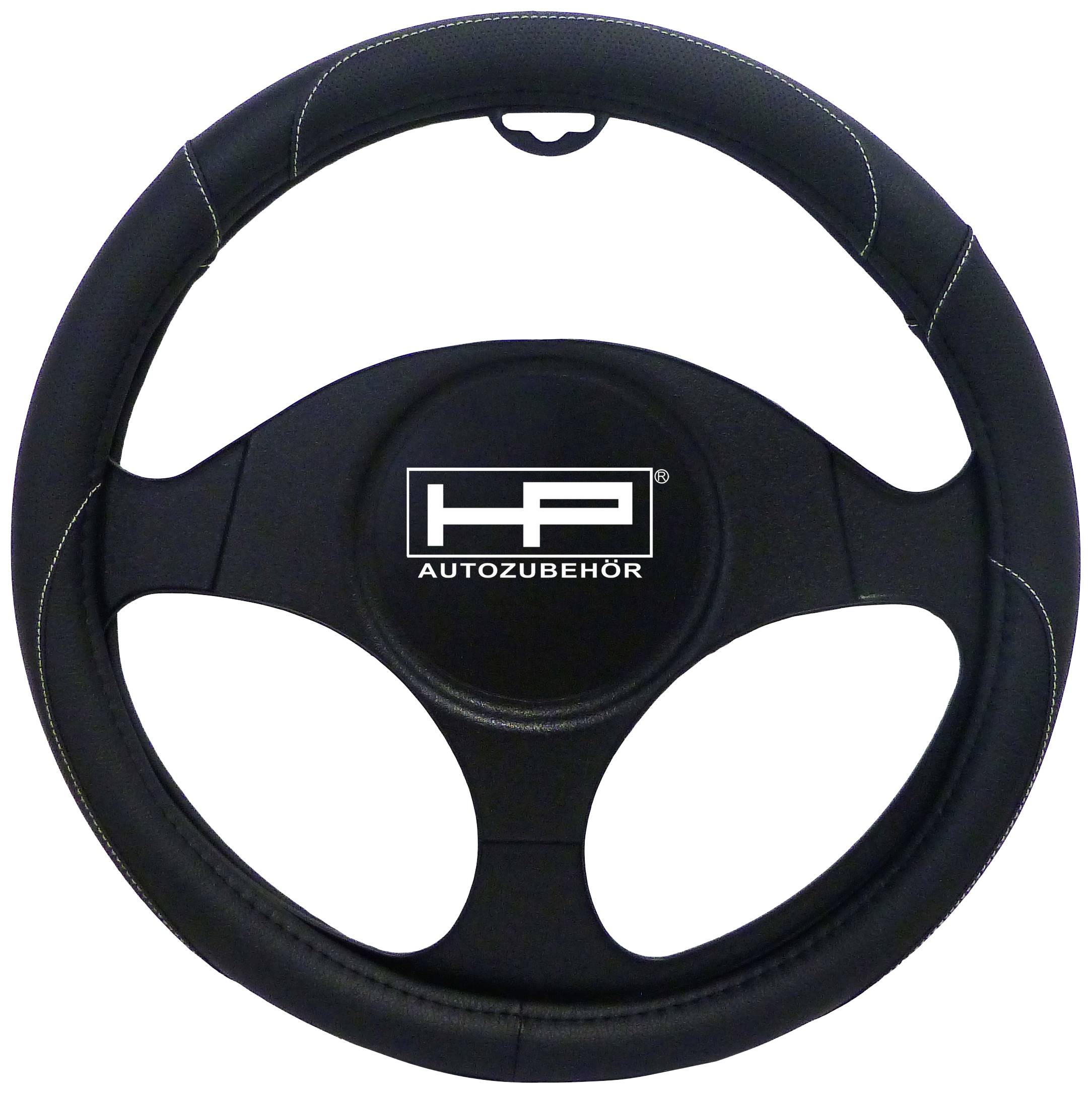 Volant noir avec le logo 'HP Autozubehör' au centre. Adapté aux voitures, il démontre stabilité et confort dans l'équipement.