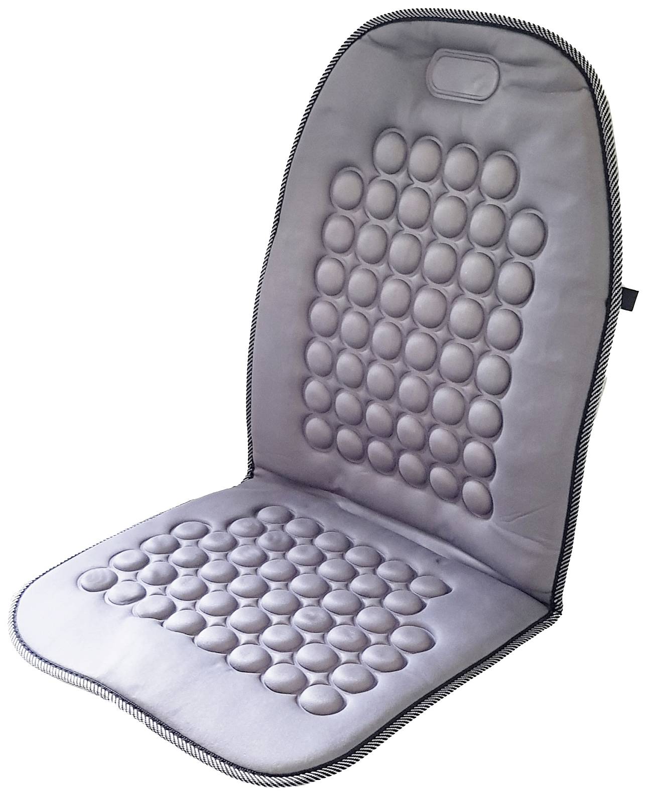 Coussin d'assise avec des reliefs rembourrés pour massages, gris, en vue complète de face. Adapté aux chaises de bureau ou aux sièges de voiture.