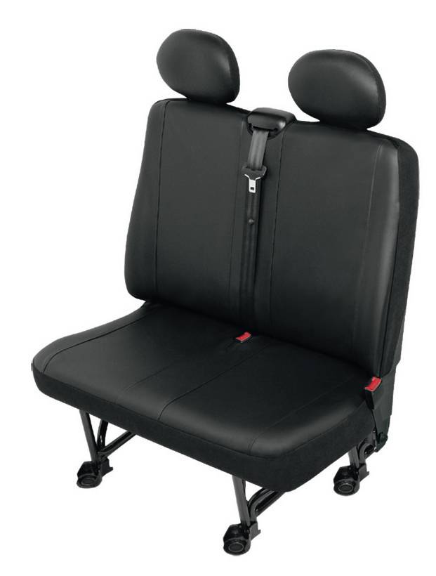 Siège double noir avec ceinture de sécurité et appuie-tête, adapté aux véhicules tels que les fourgonnettes ou les utilitaires.
