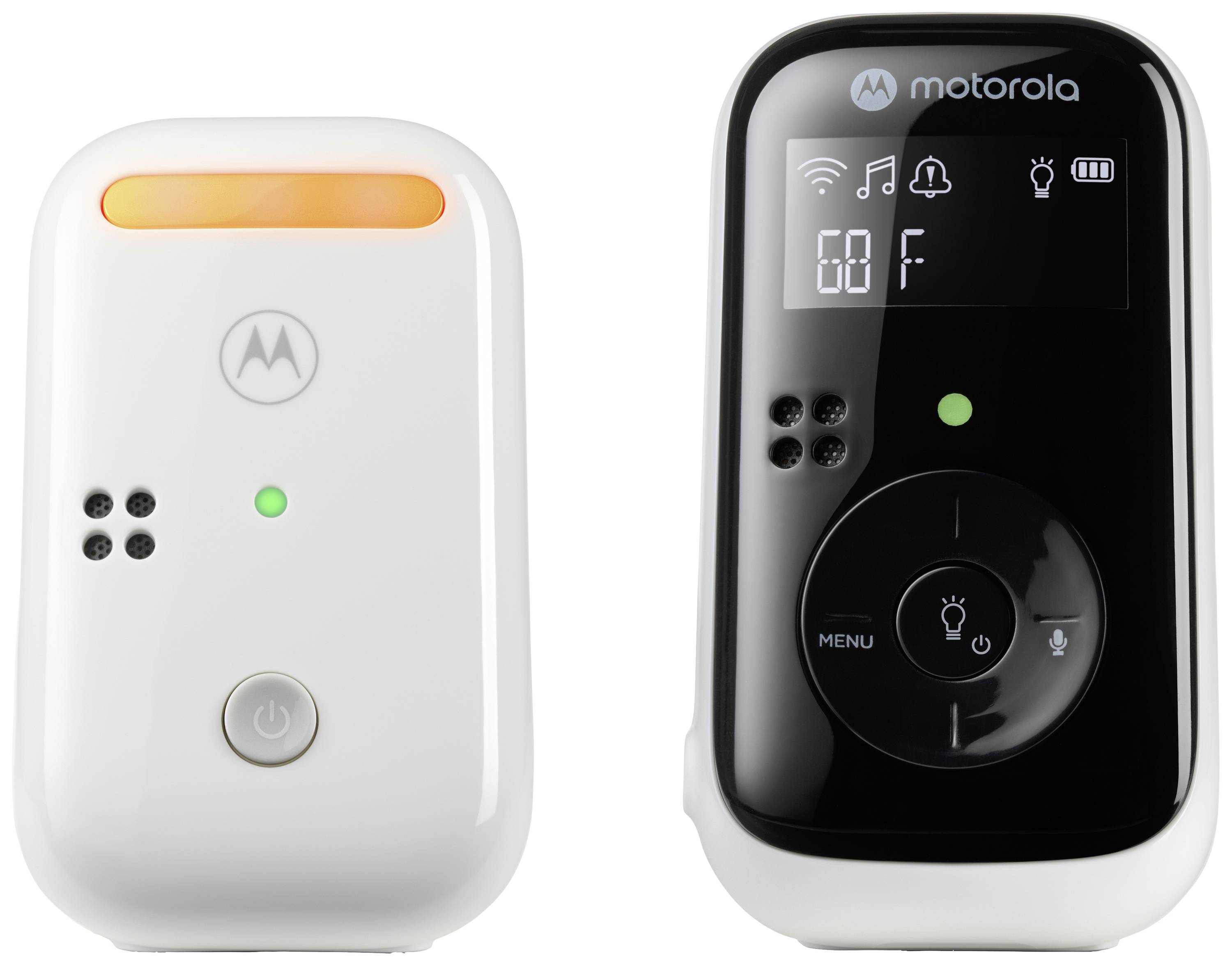 Deux dispositifs de babyphone : à gauche l'émetteur avec une LED orange, à droite le récepteur avec écran, affichage de la température et touches.