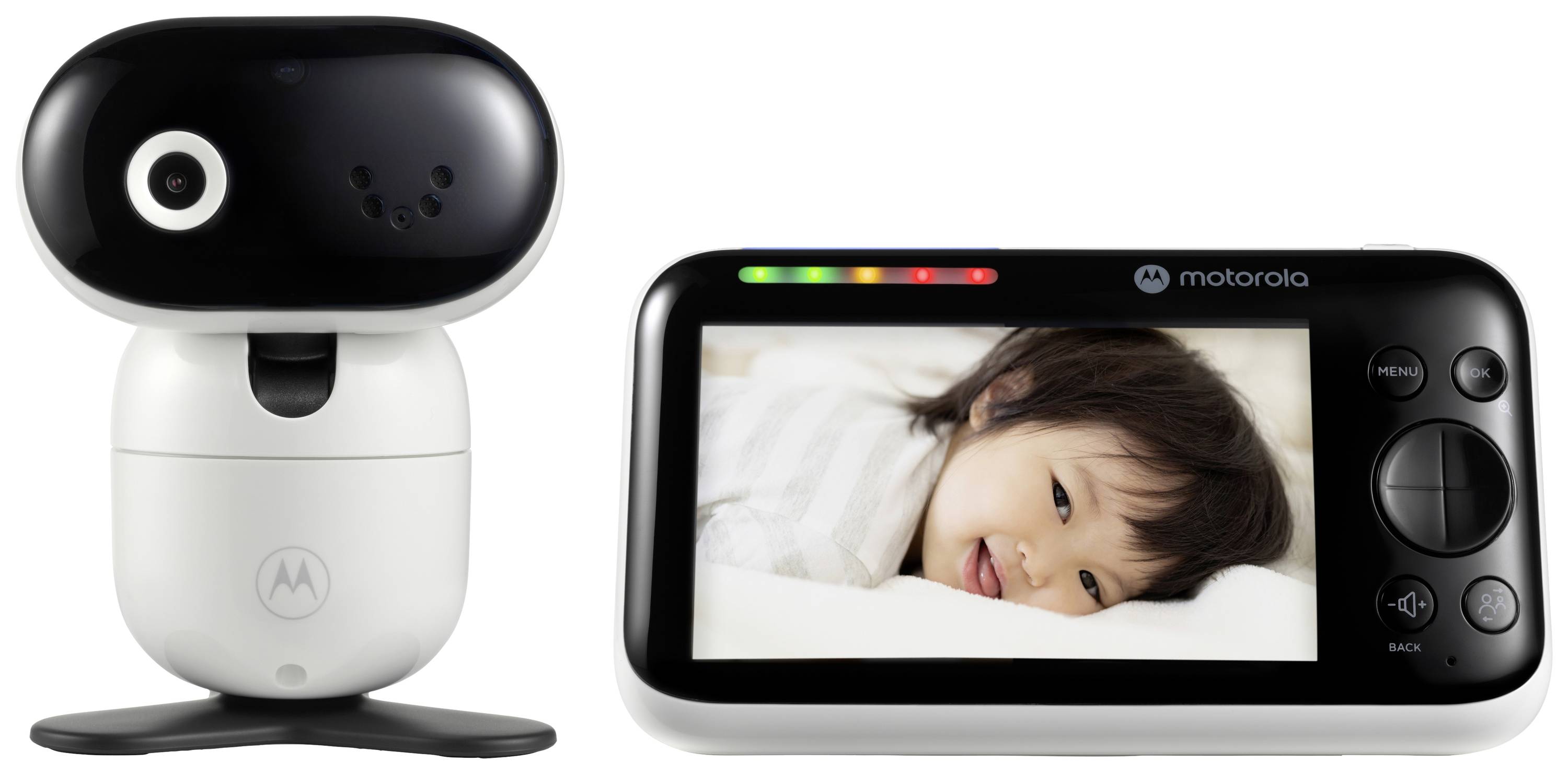 Un ensemble de babyphone avec une caméra à gauche et un moniteur à droite montrant un bébé endormi.