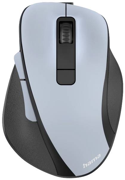 Une souris d'ordinateur sans fil en noir et gris avec un design ergonomique et une molette de défilement. Le logo 'Hama' est mis en avant au premier plan.