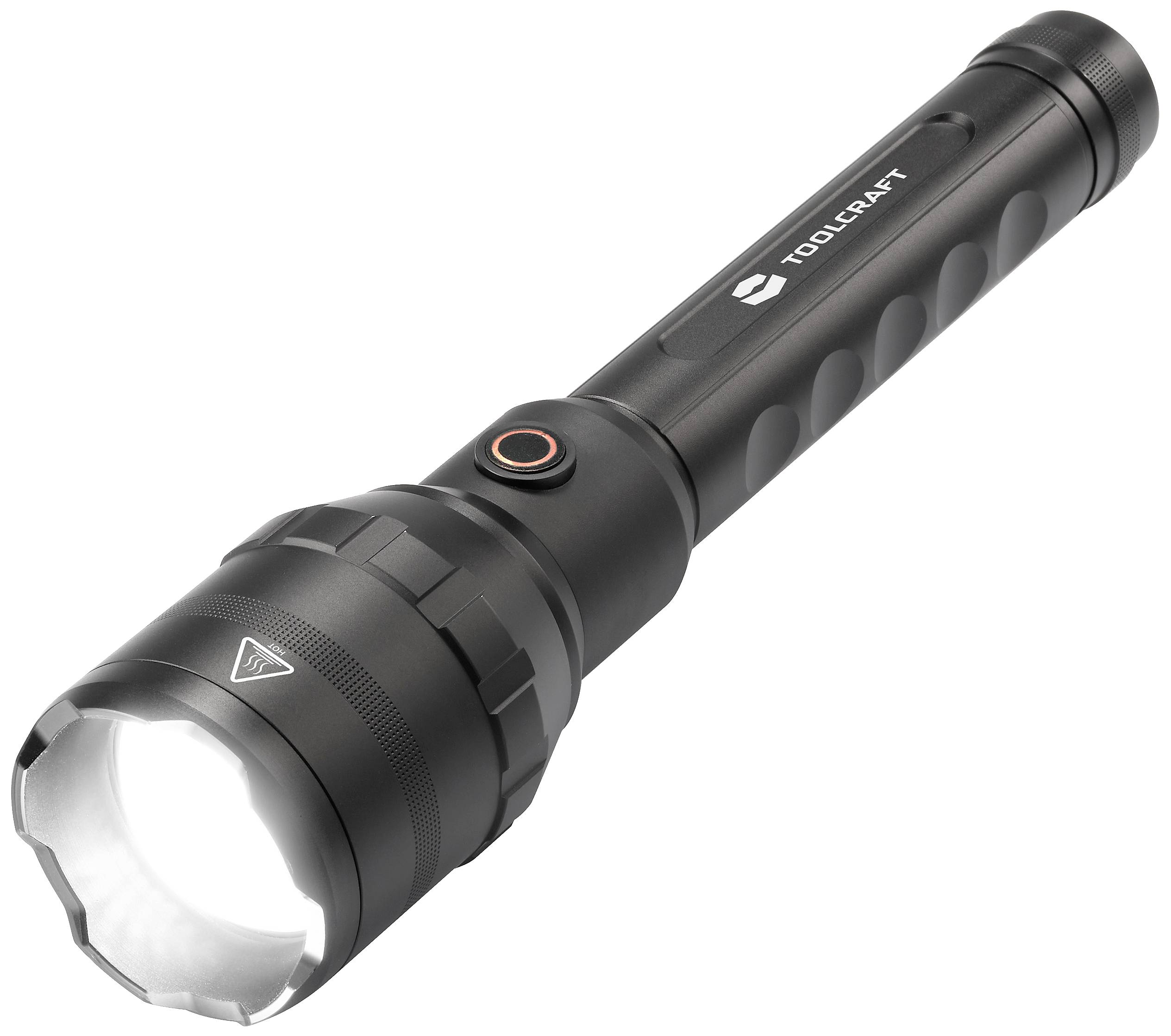Lampe de poche noire avec boîtier métallique, éclairage puissant. Marquée 'Toolcraft'. Posée sur un fond blanc.