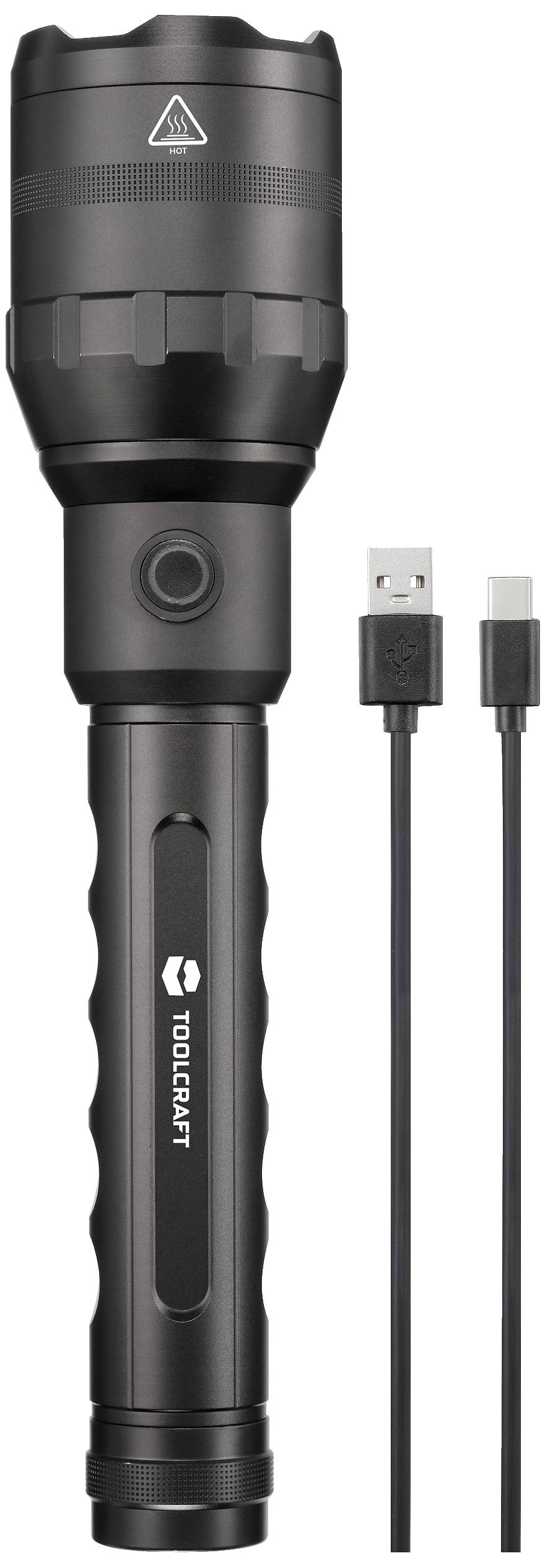 Une lampe de poche noire à côté d'un câble USB à deux fiches, adapté pour le chargement.