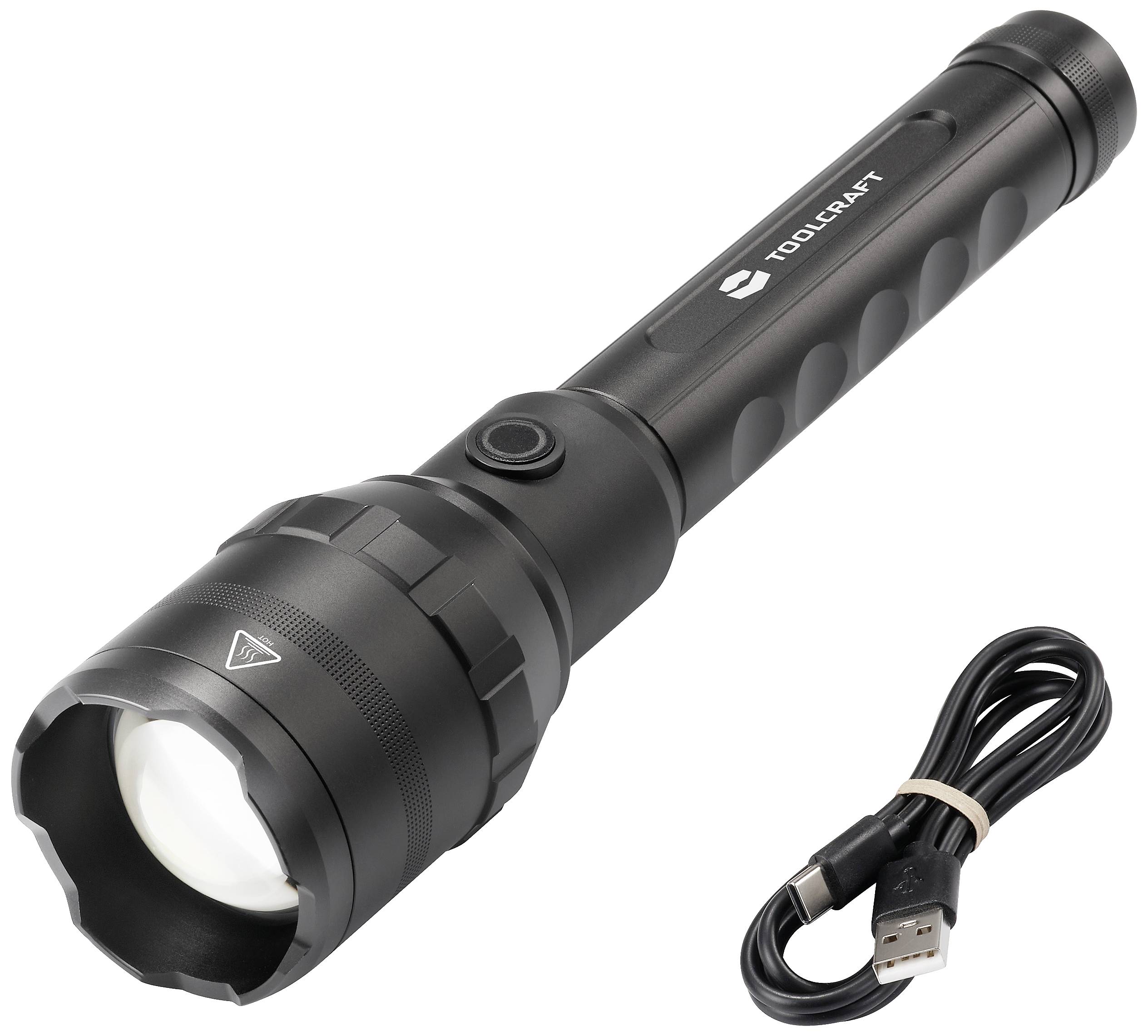 Une lampe de poche noire de Toolcraft est posée à côté d'un câble de chargement USB. Elle possède une poignée antidérapante et un interrupteur marche/arrêt.