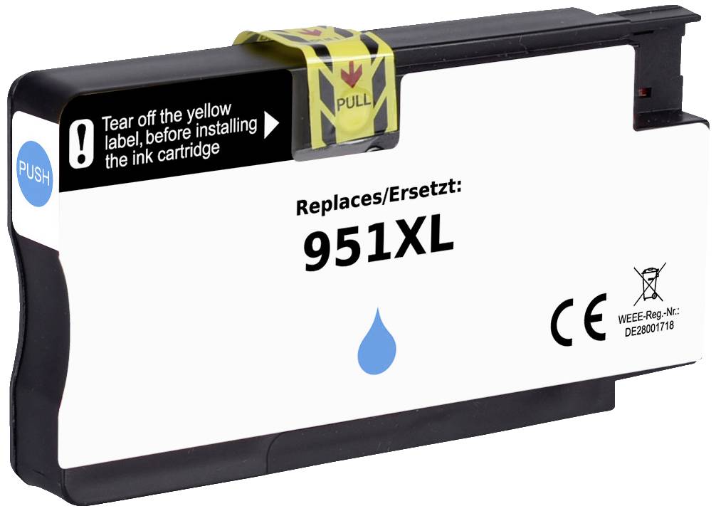 Cartouche d'encre portant l'inscription « Remplacer : 951XL ». Étiquette jaune pour le retrait et instructions d'installation en anglais sur le dessus.