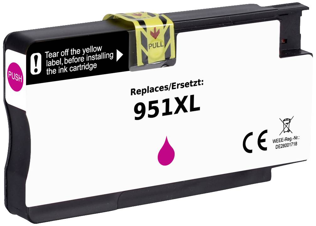 Cartouche d'encre 951XL, remplacement de l'original. Remarque : Retirez l'étiquette jaune avant l'installation.
