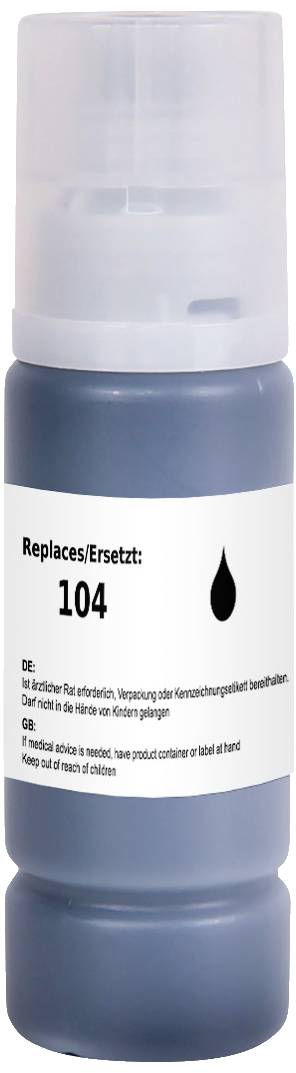 Bouteille contenant un liquide noir, étiquette indiquant : 'Remplacé : 104'. Contient des consignes de sécurité et des instructions d'utilisation.