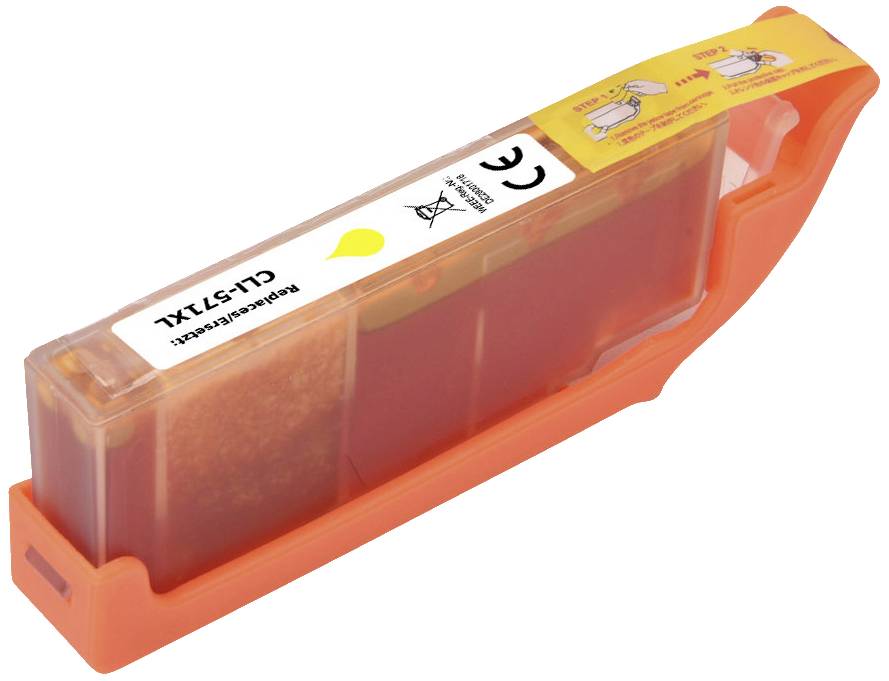 Une cartouche d'encre orange-jaune portant l'inscription 'CLI-571XL'. Des instructions d'utilisation et un symbole d'encre jaune sont visibles en haut.