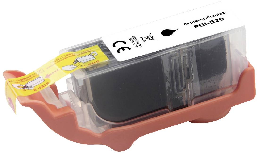 Cartouche d'encre noire dans un support orange, compatible avec le modèle PGI-520. Texte 'Replace/Reset' sur une étiquette blanche.