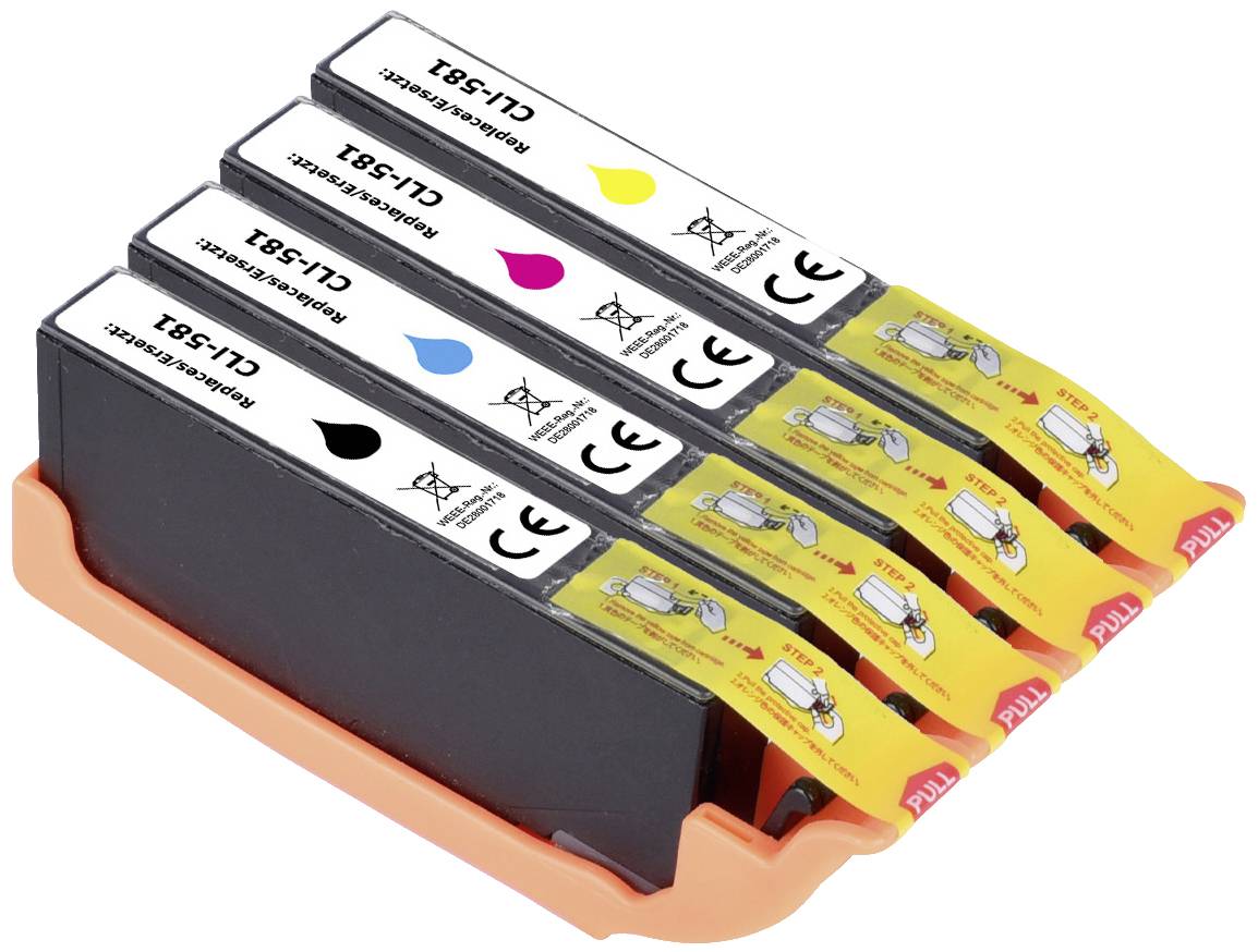 Quatre cartouches d'encre pour imprimante en noir, cyan, magenta et jaune disposées dans un support orange.