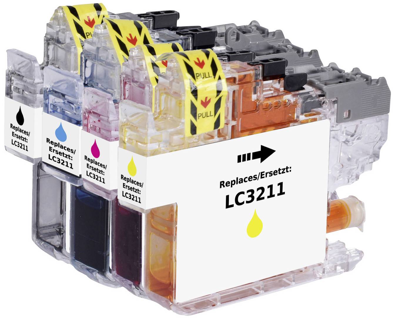 Quatre cartouches d'imprimante colorées en jaune, cyan, magenta et noir. Chaque cartouche est étiquetée 'LC3211' et porte un autocollant 'PULL'.