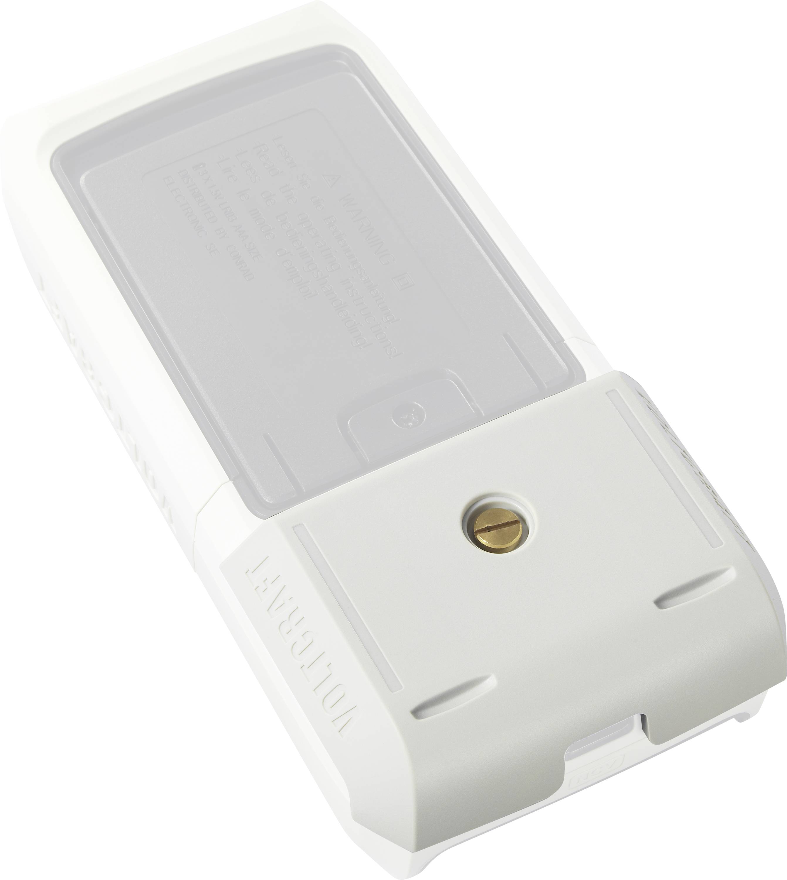 Un dispositif rectangulaire blanc en plastique avec un couvercle gris et une vis centrale.