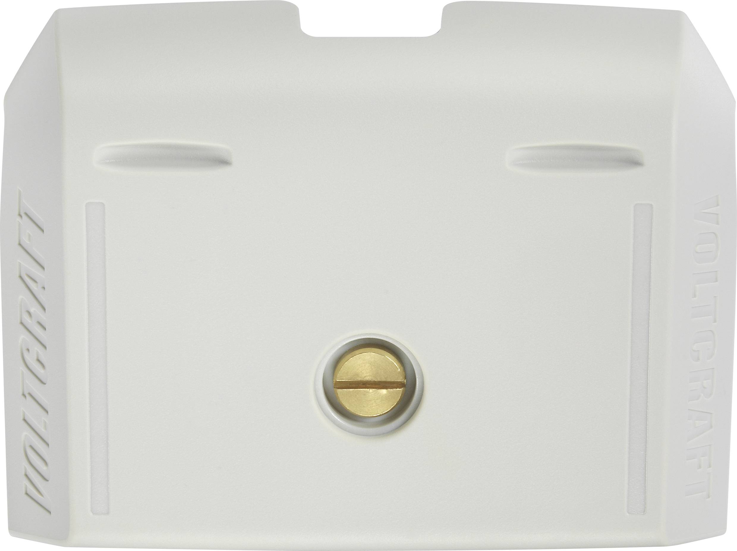 Boîtier blanc rectangulaire avec une vis dorée au centre. Le nom 'Voltcraft' est gravé en relief sur le côté.