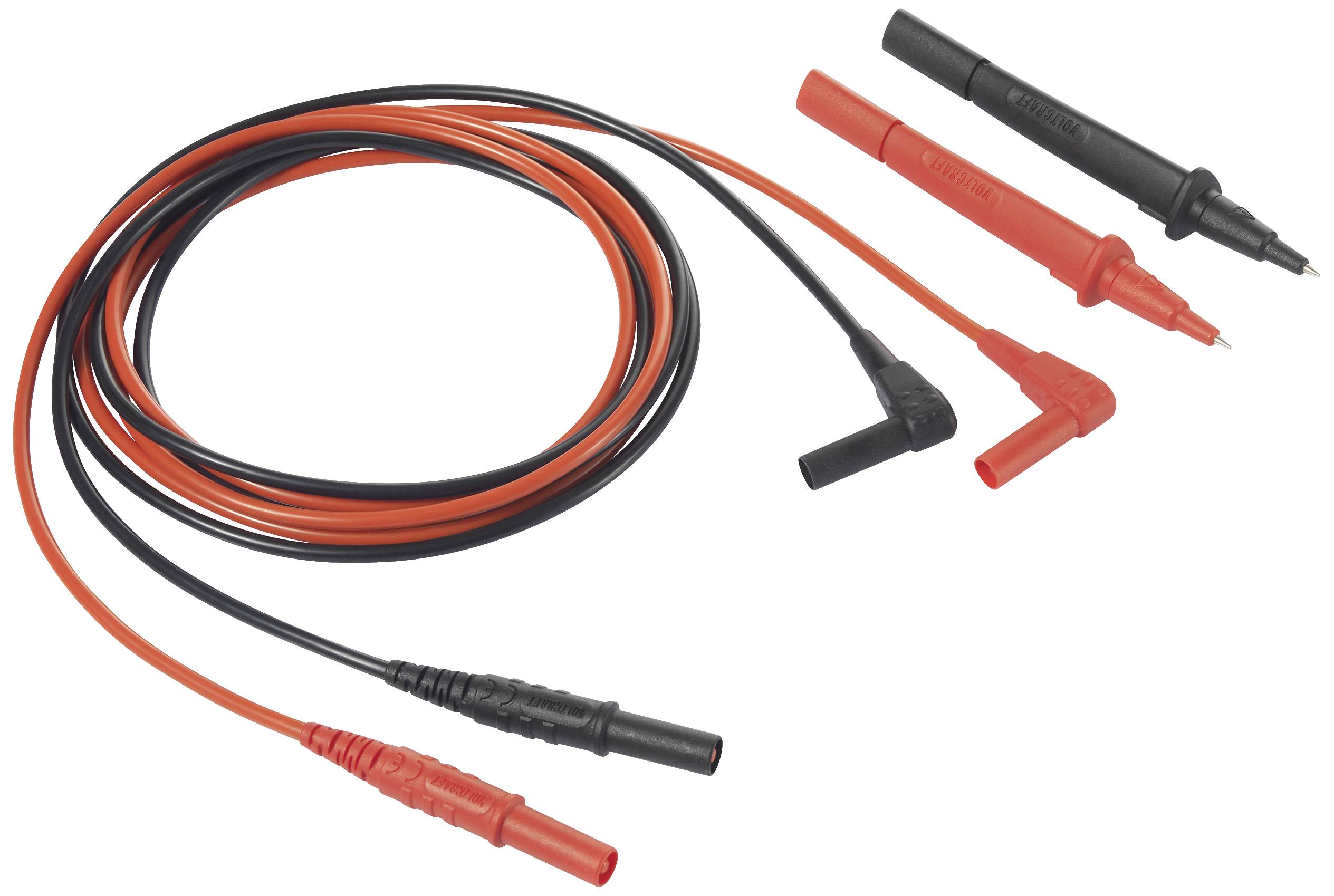 Une paire de cordons de mesure rouges et noirs avec fiches bananes et pointes de test pour appareils de mesure électriques.