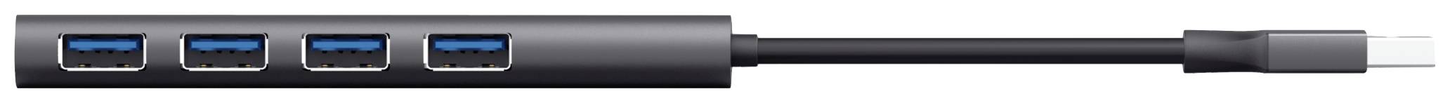 Hub USB noir avec quatre ports USB 3.0, connecté via un court câble.