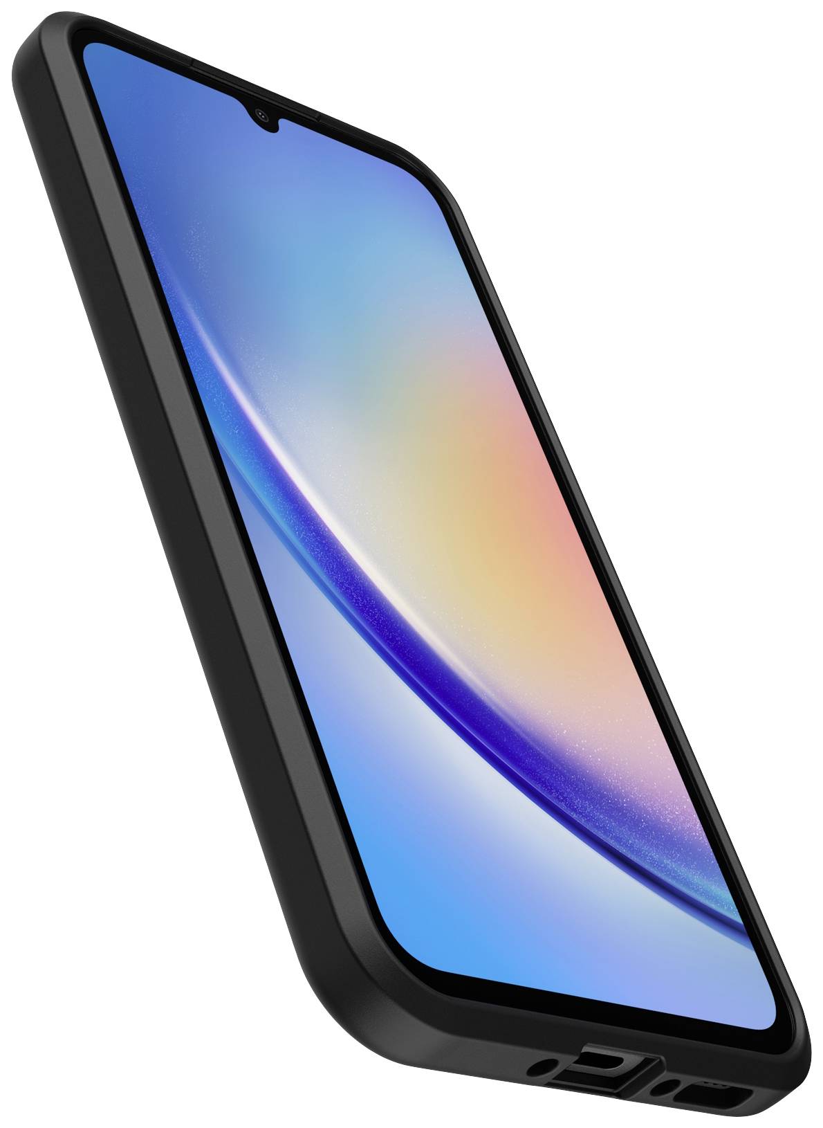 Smartphone avec cadre noir et écran coloré. Vue de côté.