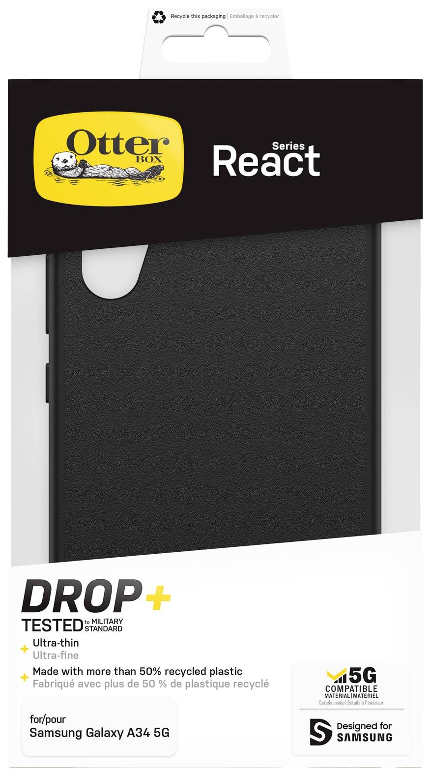Étui de protection OtterBox noir pour Samsung Galaxy A34 5G. Ultra-fin, testé contre les chutes, composé à plus de 50% de plastique recyclé.