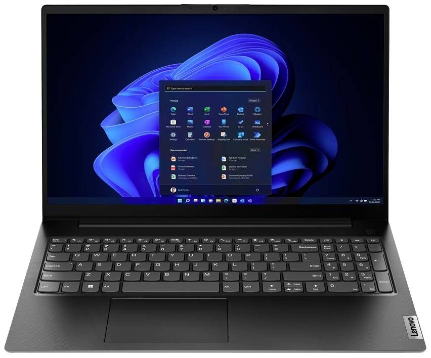 Un ordinateur portable avec l'interface utilisateur Windows ouverte. L'écran affiche le menu Démarrer avec différentes icônes d'applications et un graphique de fond bleu.