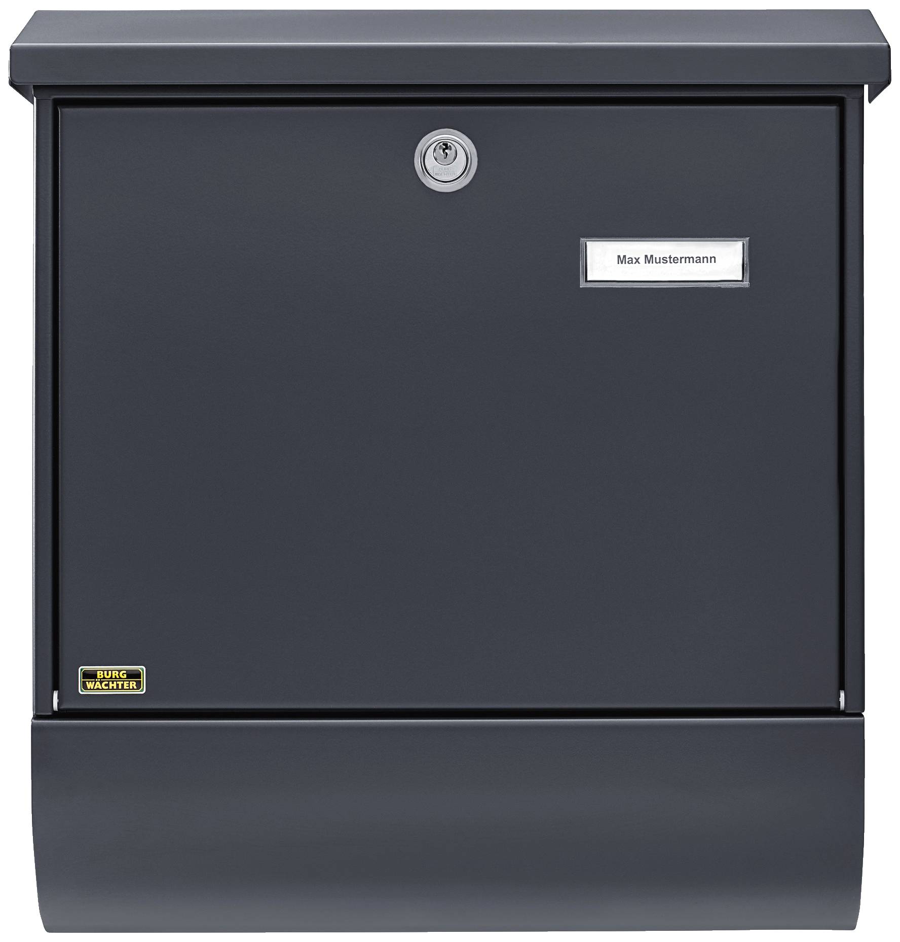 Une boîte aux lettres noire avec une plaque nominative 'Max Mustermann' et un verrou sur la façade avant.