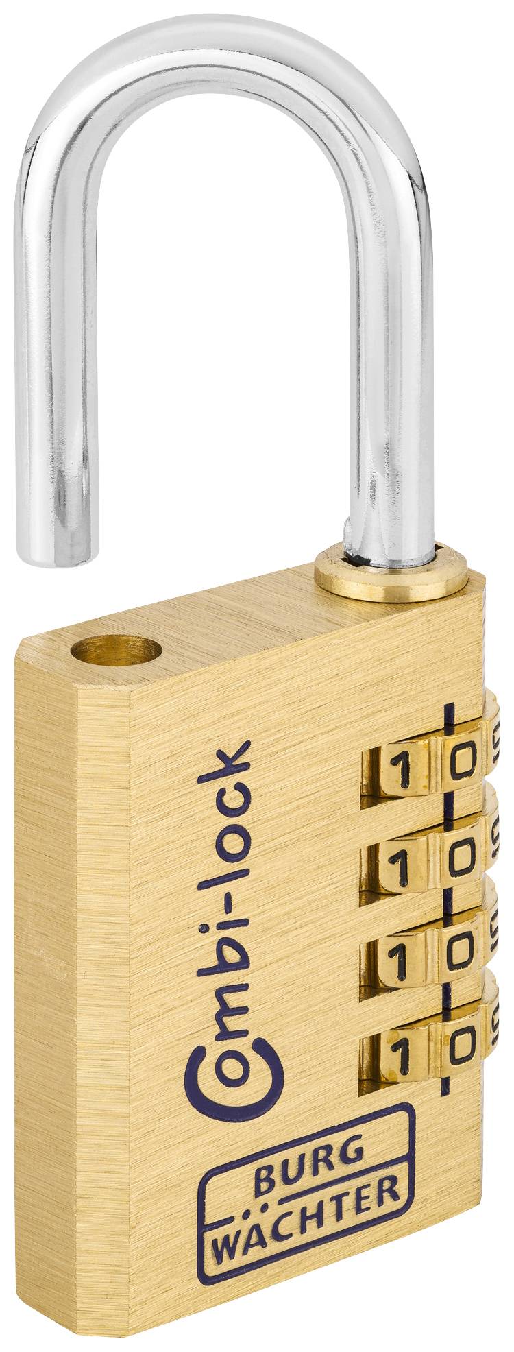 Un cadenas en laiton avec un arceau ouvert et quatre cadrans numériques pour le réglage de la combinaison. Sur le cadenas est inscrit 'Combi-lock' et 'Burg Wächter'.