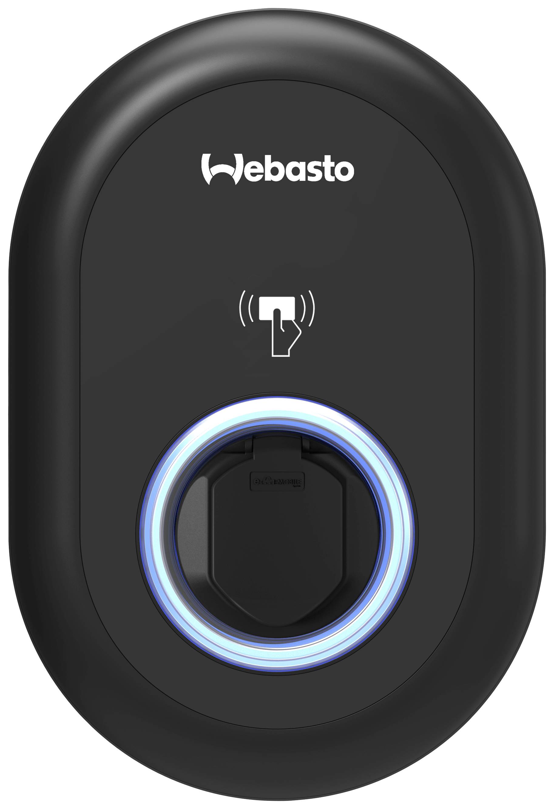 Une station de charge Webasto noire avec un symbole RFID au-dessus d'un anneau lumineux circulaire.