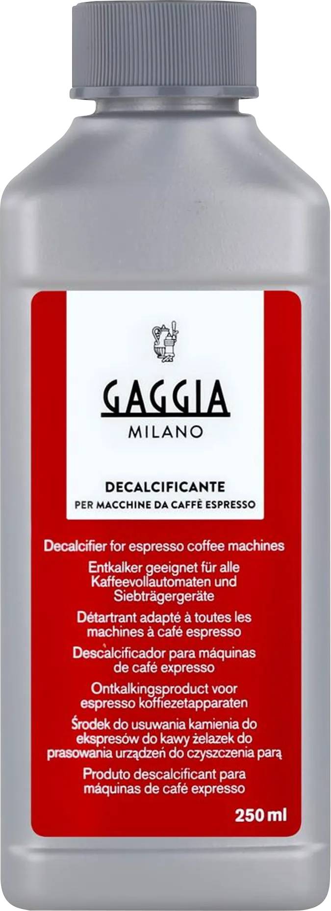 Bouteille de détartrant à étiquette rouge pour machines à espresso, 250 ml. Convient à toutes les machines à café et facilite le nettoyage.