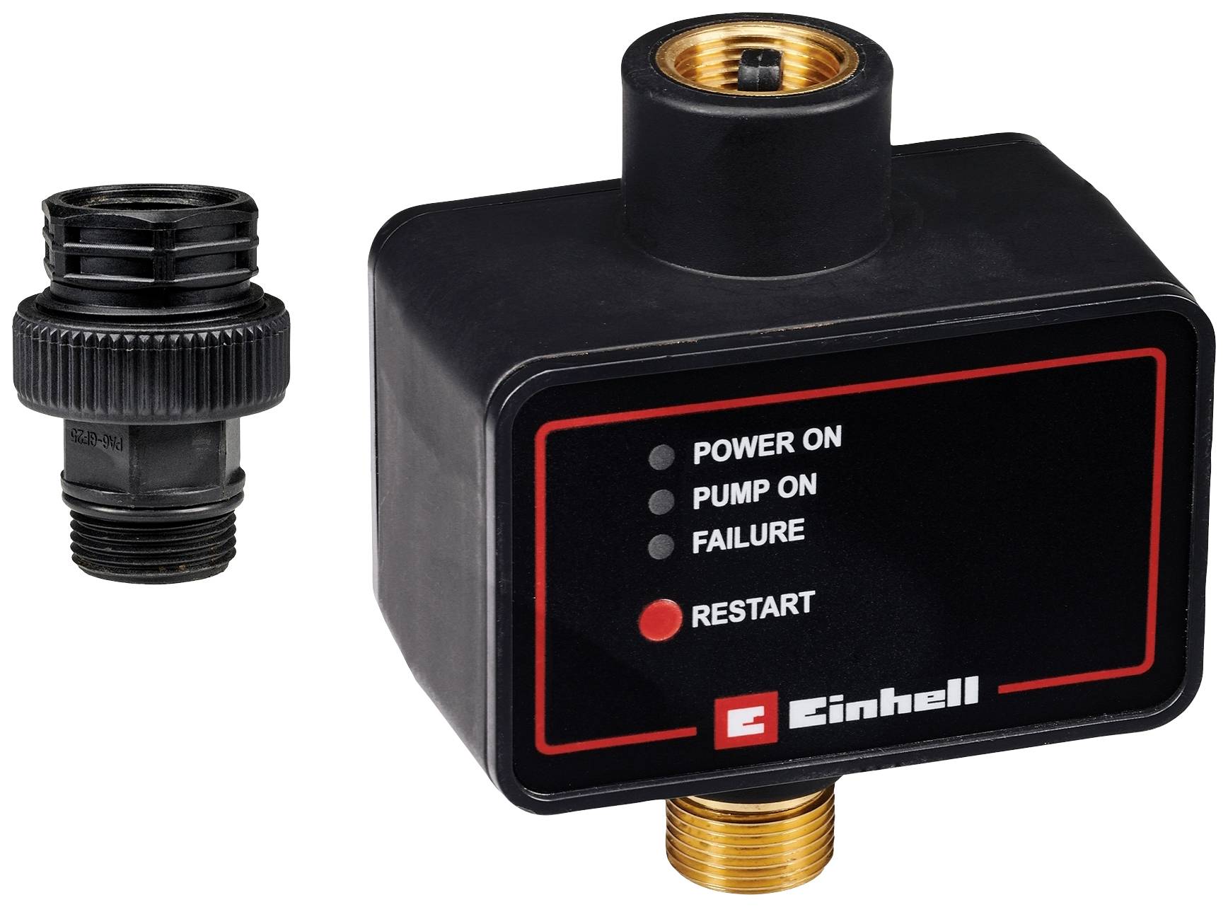 Interrupteurs électroniques avec voyants LED pour 'Marche', 'Pompe en marche', 'Défaillance' et 'Redémarrage'. Logo Einhell en bas à droite.