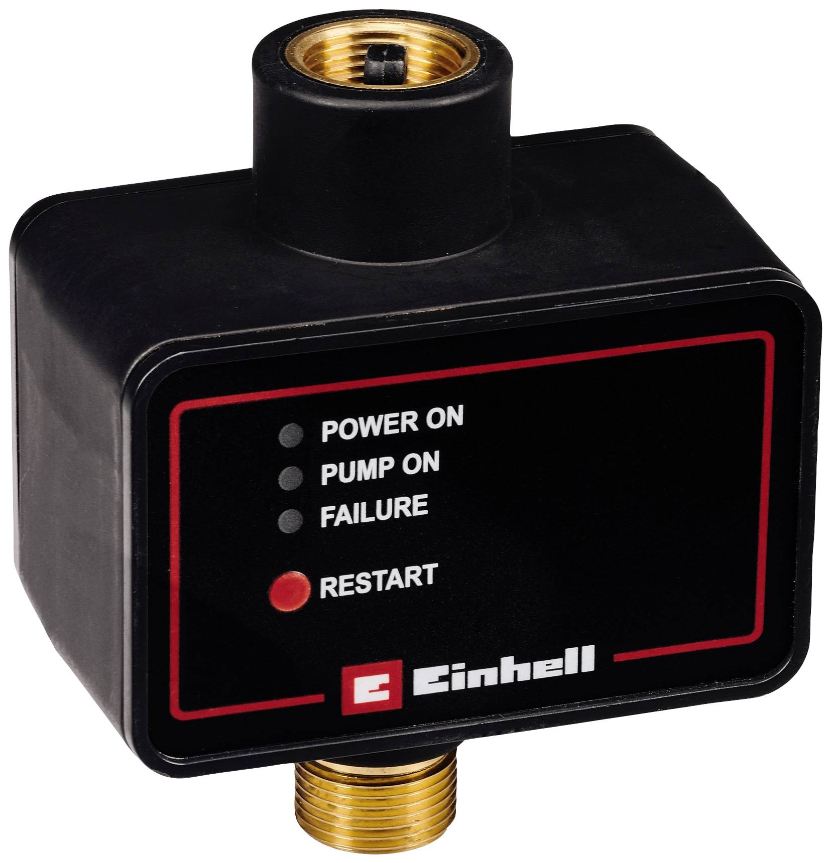 Interrupteur de pression noir avec témoins lumineux : 'Power On', 'Pump On', 'Failure' et bouton 'Restart' lumineux ; marque Einhell.