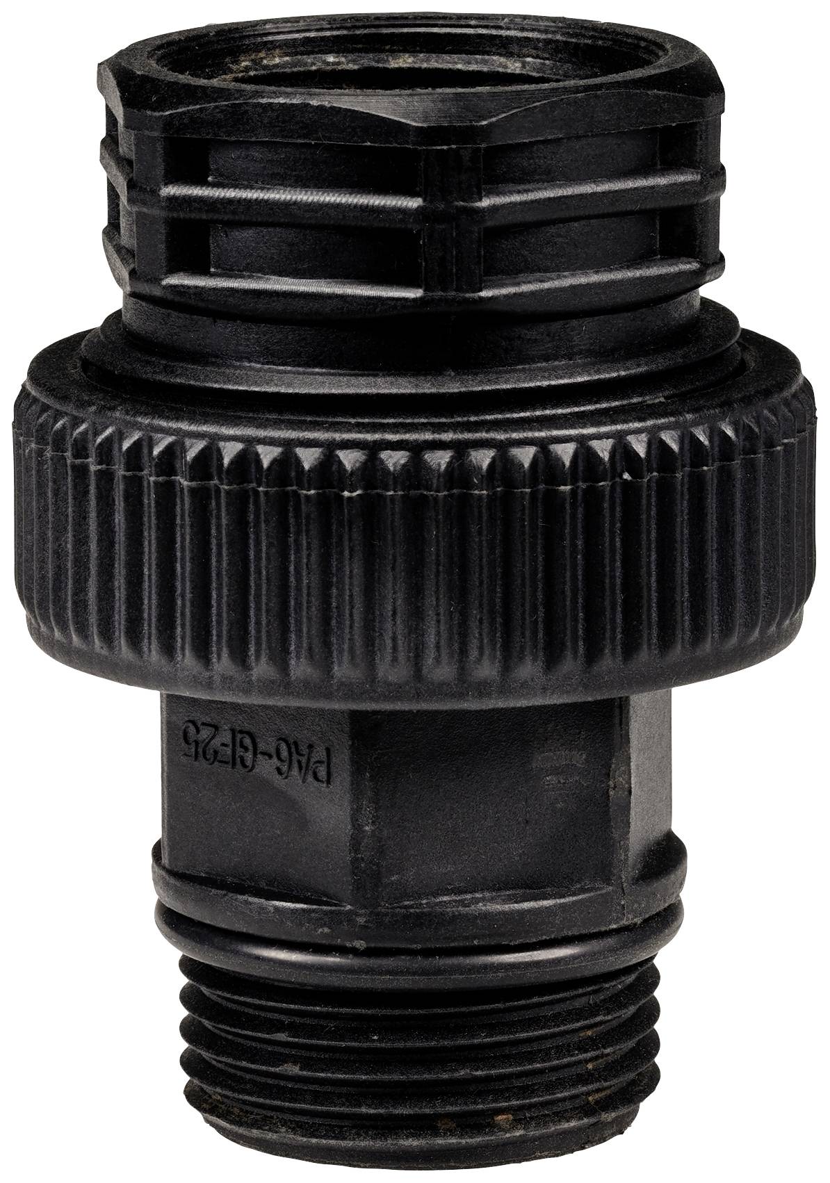 Adaptateur en plastique noir fileté, probablement adapté pour des raccordements sanitaires ou de tuyaux d'arrosage.
