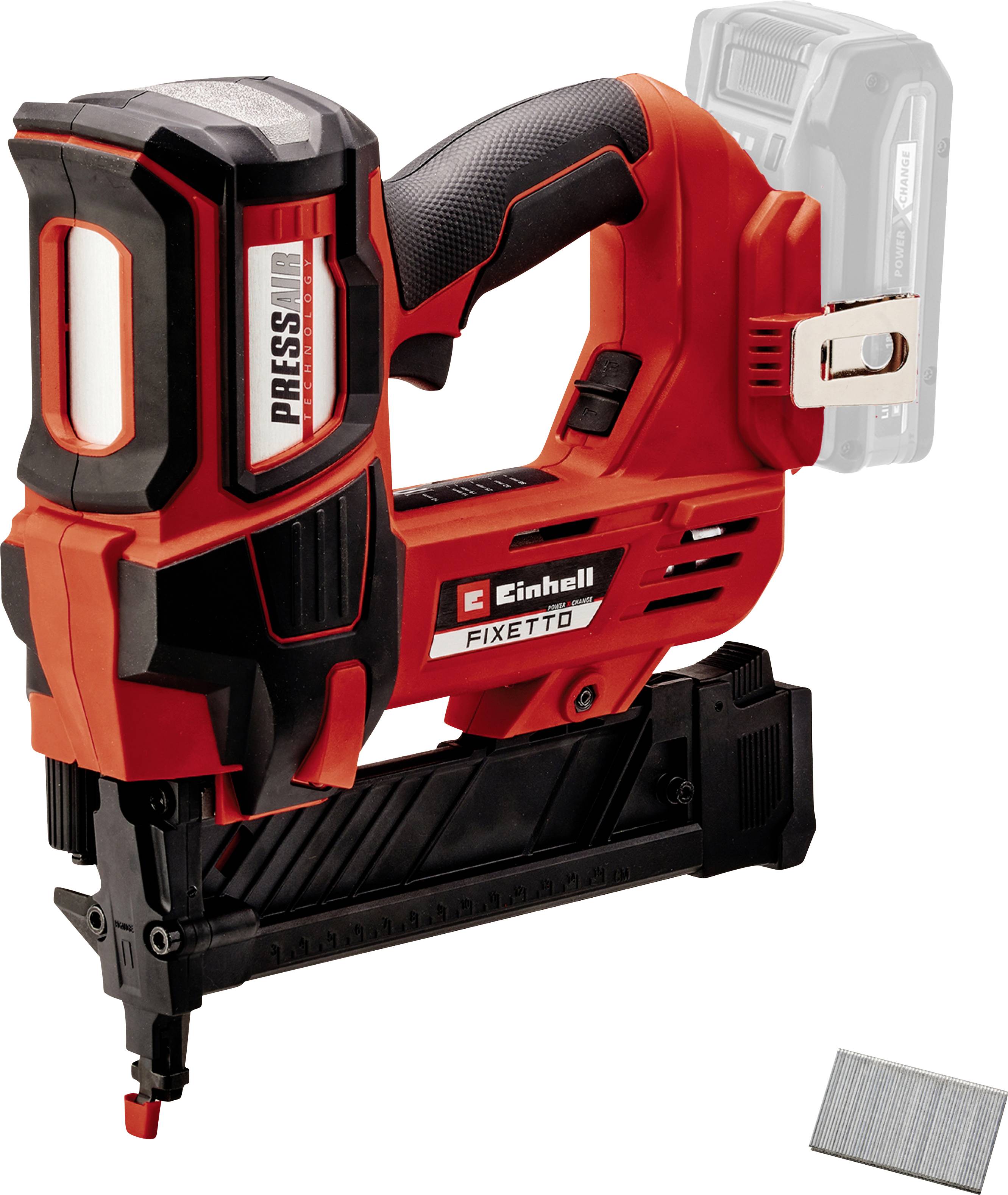 Cloueur sans fil Einhell FIXETTO rouge et noir montré de profil, avec batterie attachée et une bande de clous visible sur un fond blanc.