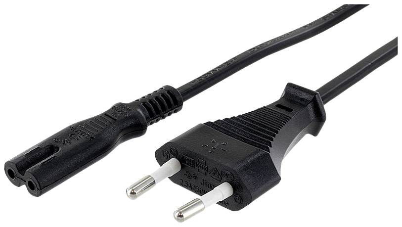 Câble réseau noir avec fiche européenne et deux trous, adapté aux petits appareils électroménagers.