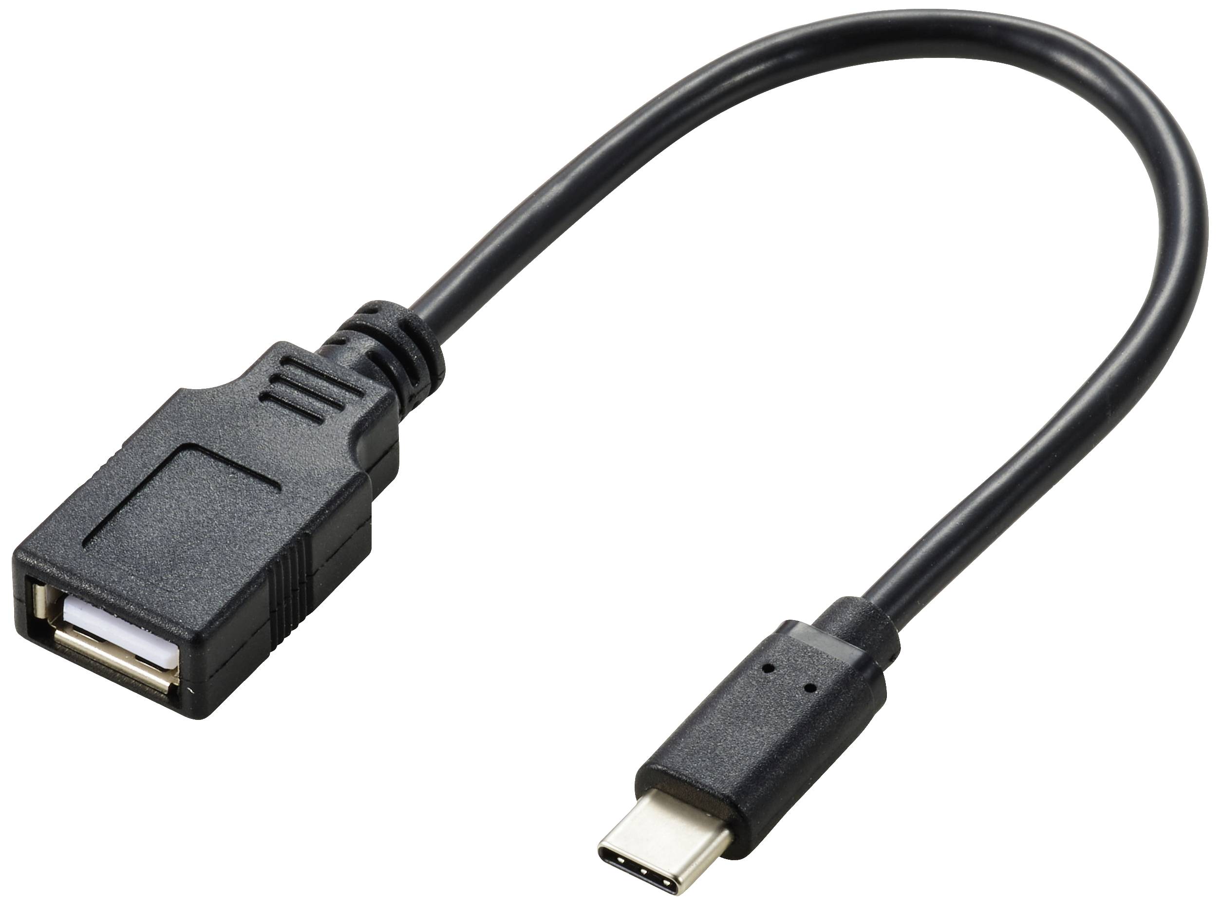Un câble adaptateur noir avec une fiche USB-C d'un côté et un port de connexion USB-A de l'autre.