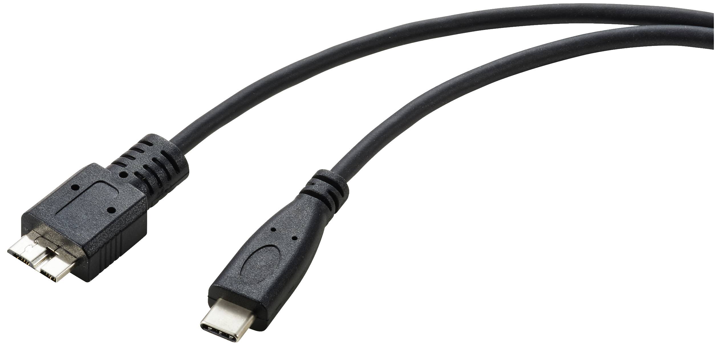 Un câble USB avec deux types de connecteurs différents : à gauche un connecteur plus large et à droite un connecteur plus étroit.