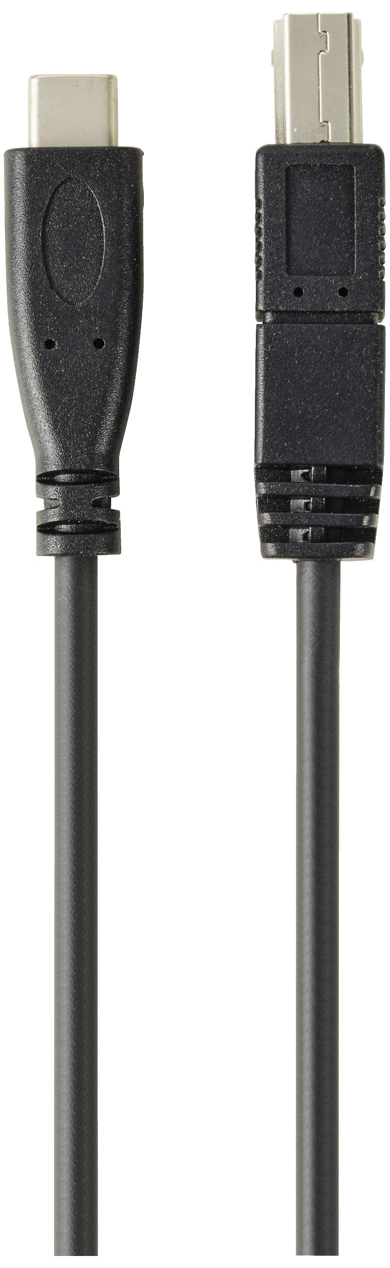 Câble USB-C vers USB-B, noir, avec connecteurs aux deux extrémités.