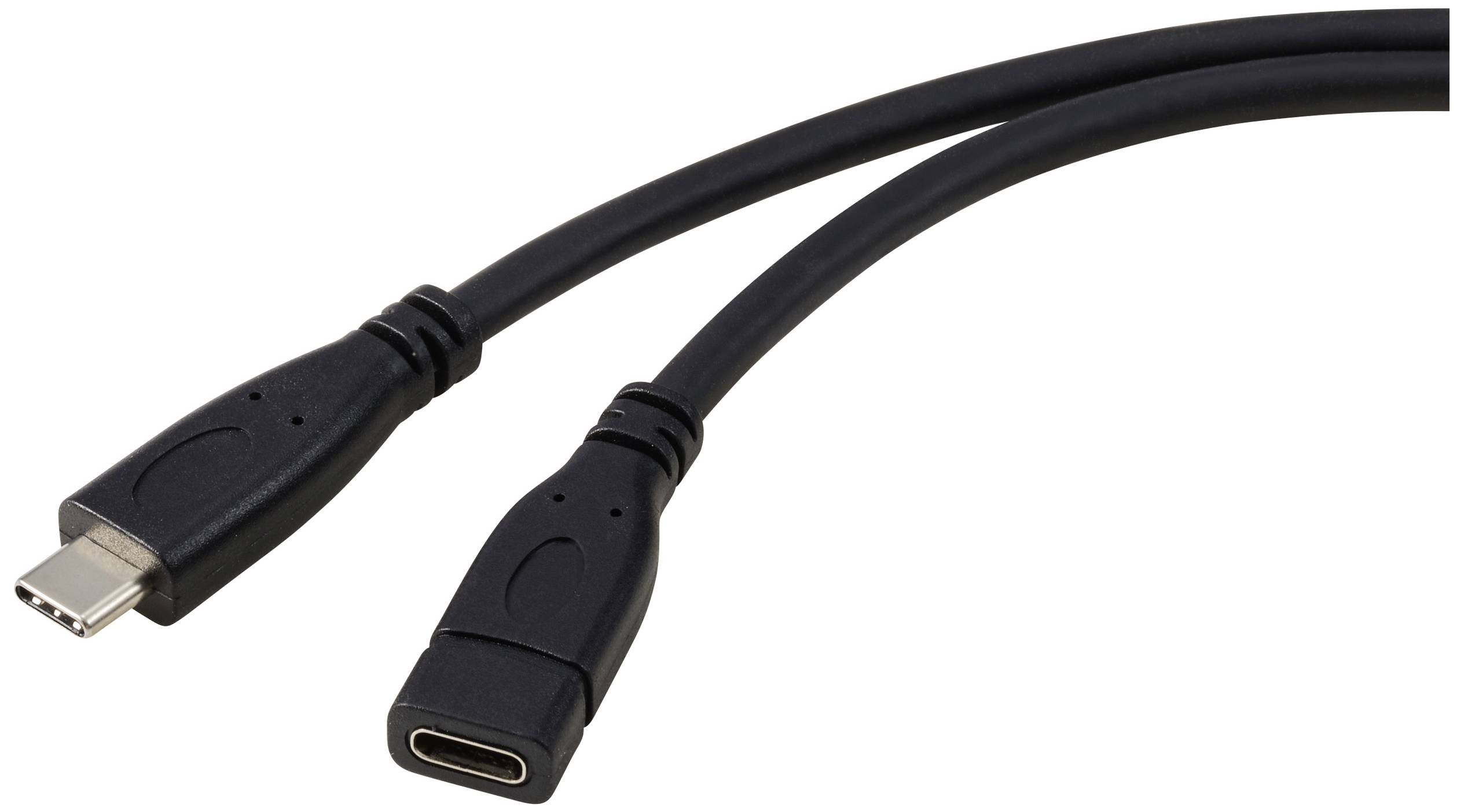 Câble USB-C noir avec connecteurs mâle et femelle pour le transfert de données et la charge d'appareils électroniques.