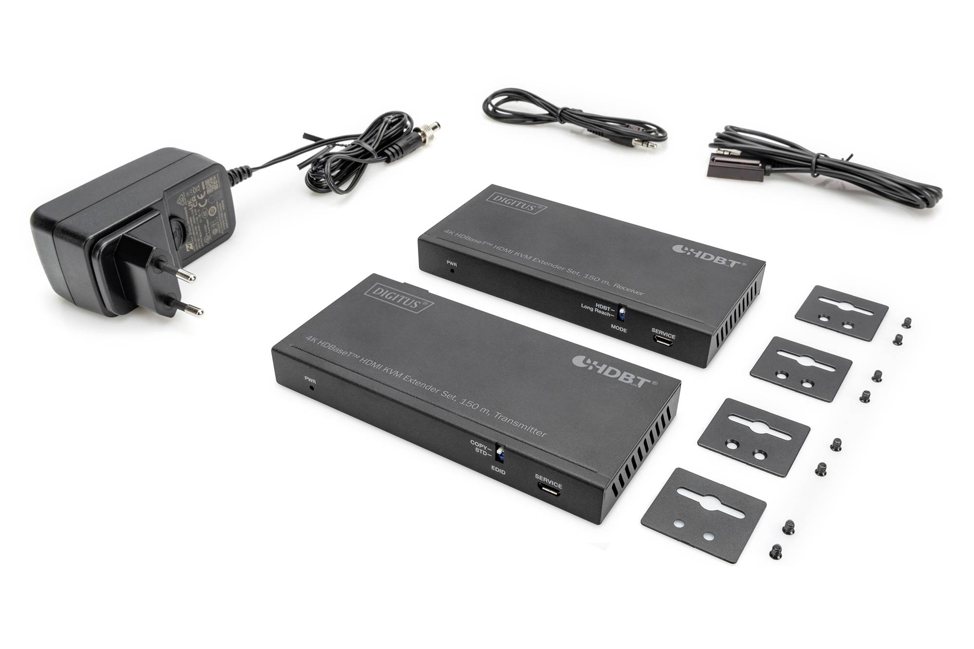 Un ensemble comprenant un émetteur et un récepteur HDMI avec alimentation, câbles et accessoires de montage. Adapté pour la transmission de données vidéo.